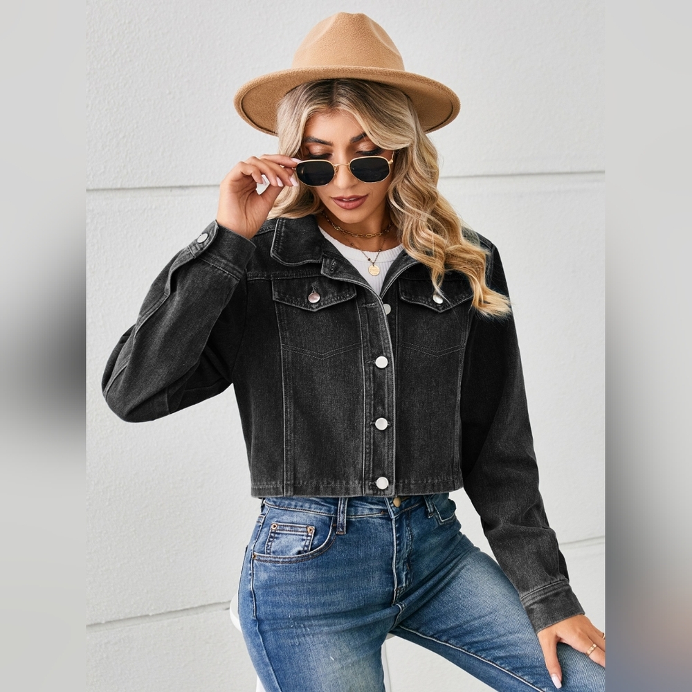 Classic Denim Jacket Black Jean Long Sleeve Button-up Front Collar Neck Casual
